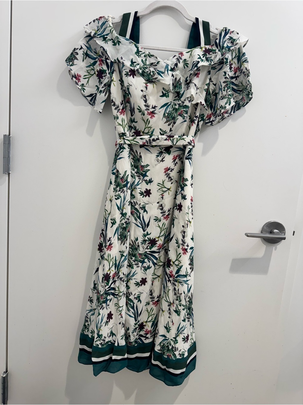 YINER Cream Floral Off-Shoulder Midi Dress with Green Trim